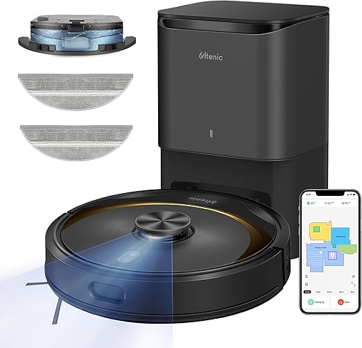 Ultenic T10 Elite Robot Aspirador, Estación de Autovaciado, Navegación Lidar con Mapeo, App y Alexa Conectado, Ideal para Pelo de Mascotas, Pelo, Polvo y Alfombras, Negro