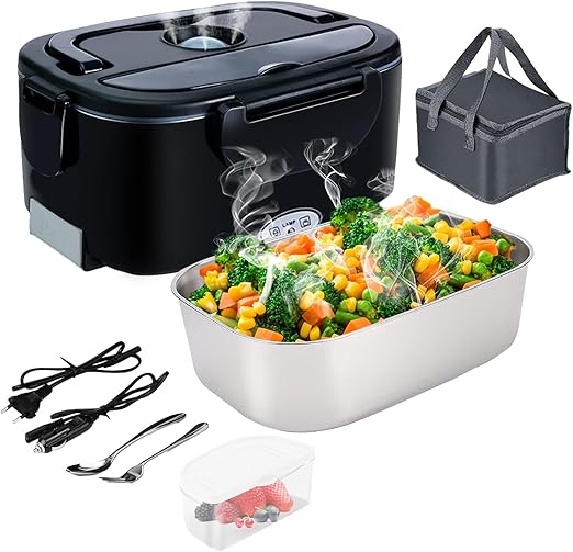 Fiambrera Electrica 4 en 1 12V/24V/220V~240V Calentador de Comida Portatil con Termo para Coche Camión y Trabajo 1.5L 60W en Acero Inoxidable con Tartera Bolsa Térmica y Juego de Cubiertos