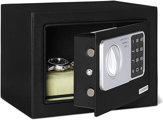 Amazon Basics Caja Fuerte de Seguridad de Acero con Teclado Electrónico Programable, 4,5L (17x23x17cm), Montaje en Pared, 2 Llaves de Emergencia, Negro