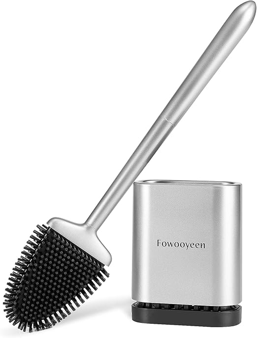 Fowooyeen Escobillas de Baño, Escobilla WC Silicona, Cepillo Toilet Plana de Mango Largo, Cepillo de Limpieza WC Curvo de Pie/Montado en la Pared - Plata Mate