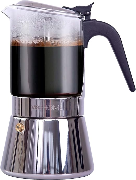 Cafetera Italiana Transparente de Vidrio y Acero Inoxidable – 6 Tazas/360ml – Cocina Inducción, Vitrocerámica y Gas – Cafetera Moka Resistente y Apta para Lavavajillas