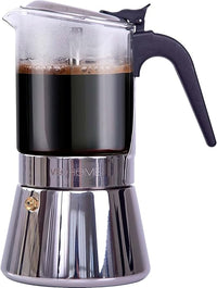 Cafetera Italiana Transparente de Vidrio y Acero Inoxidable – 6 Tazas/360ml – Cocina Inducción, Vitrocerámica y Gas – Cafetera Moka Resistente y Apta para Lavavajillas
