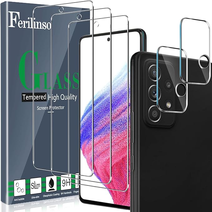 Ferilinso Protector de Pantalla Diseñado para Samsung Galaxy A53 5G, 3 Piezas HD Cristal Templado con 2 Piezas Protector de Lente de cámara, Funda Amistoso, Dureza 9H, Sin Burbujas