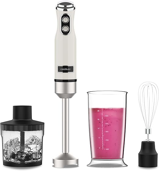 Cecotec Batidora de Mano Power RetroBeige 1200MAX Cream&Crush. Potencia Máxima 1200 W, Tecnología CrossBlades, 2 Velocidades, Set Accesorios aptos Lavavajillas, Campana antisalpicaduras