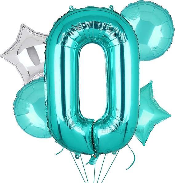 5 globos XXL turquesa número 0 globos Tiffany azul número 0 globos de papel de aluminio con números grandes Happy Birthday globos decoración cumpleaños 100 cm