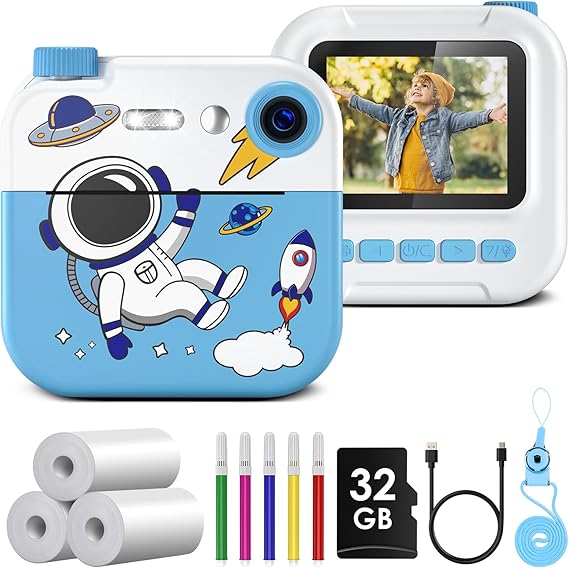 Camara Fotos Infantil Instantanea, GREENKINDER Camara Fotos Infantil, 2.4" HD Cámara Instantánea con Tarjeta SD de 32GB, Papel de Impresión y Lápices de Colores, para Niños y Niñas 3 a 12 Años