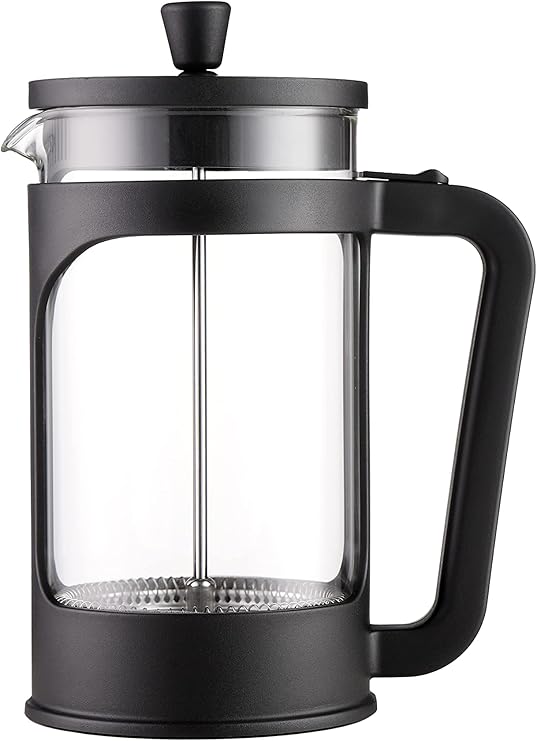 Vier - Cafetera/tetera de prensa francesa de 1 litro / 34 Oz. Vidrio borosilicato resistente al calor. Filtro acero inoxidable y cubierta negra.