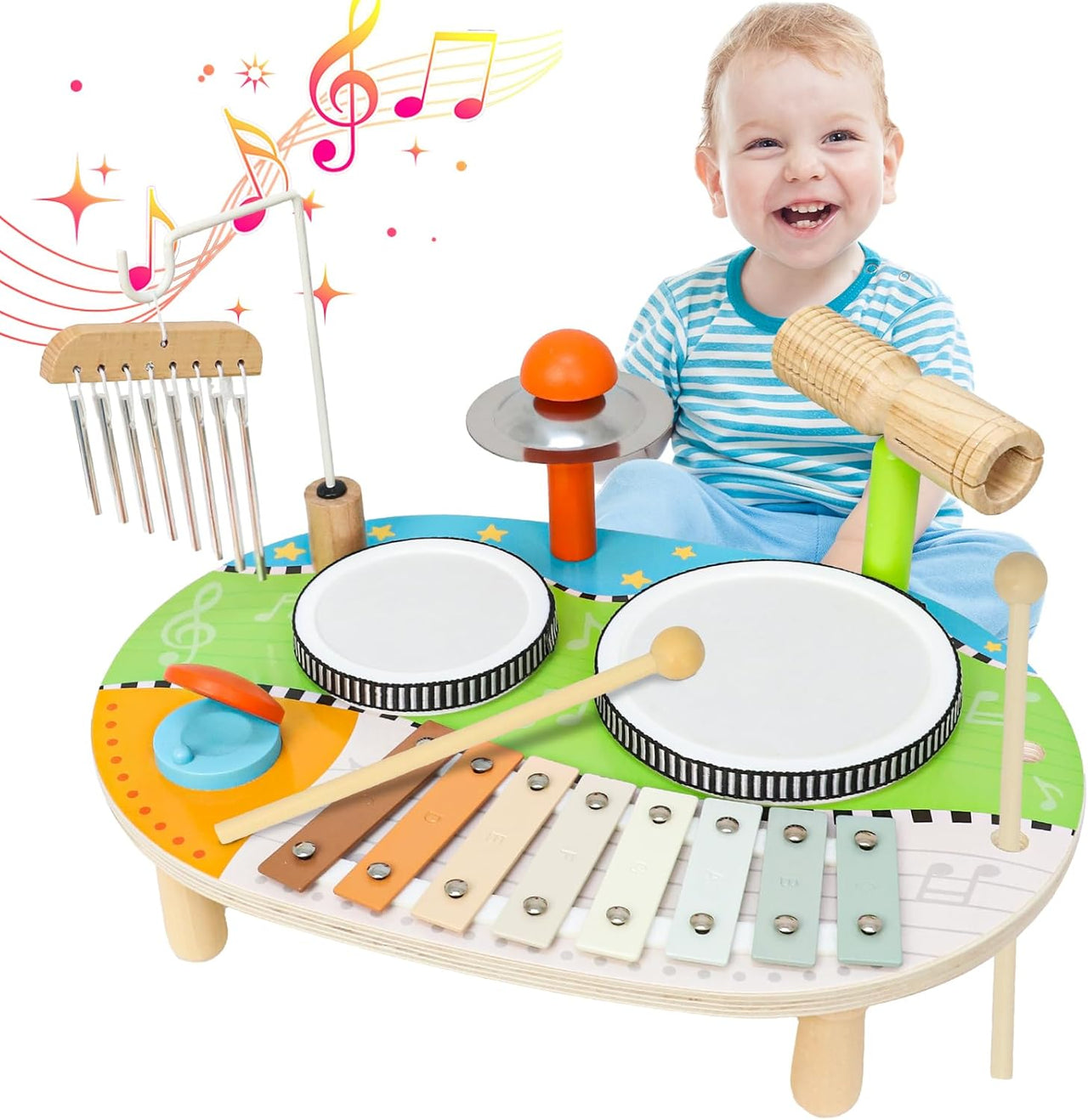 LZDMY Instrumentos Musicales Infantiles, 9 en 1 Tambor Bebe para Niños, Juguetes 1 2 3 4 5 Año para Niños, Xilofono bebé Montessori Madera de Juguete Regalo para Cumpleaños Pascua Navidad Niña Niño