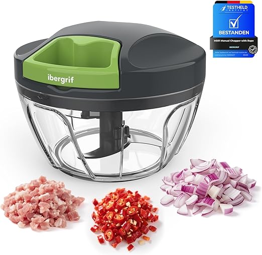Ibergrif M501 Zwiebelschneider Manuell, Multifunktionaler Zwiebel Zerkleinerer, Multizerkleinerer mit Deckel, BPA-Frei, Easy Pull Zerkleinerer Manuell für Zwiebeln, Knoblauch, Nüsse