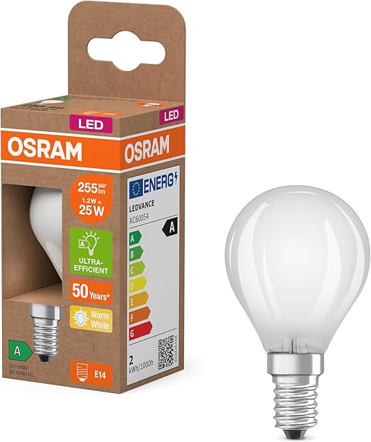 Osram LED-Lampe in klassischer Miniballform, mit dekorativem LED-Filament im Frosted Design, Energieeffizienzklasse A, E14, 1.2 W, 255 lm, 2700 K, warmweiß. Ohne Aufwärmen, sofort 100% Licht.