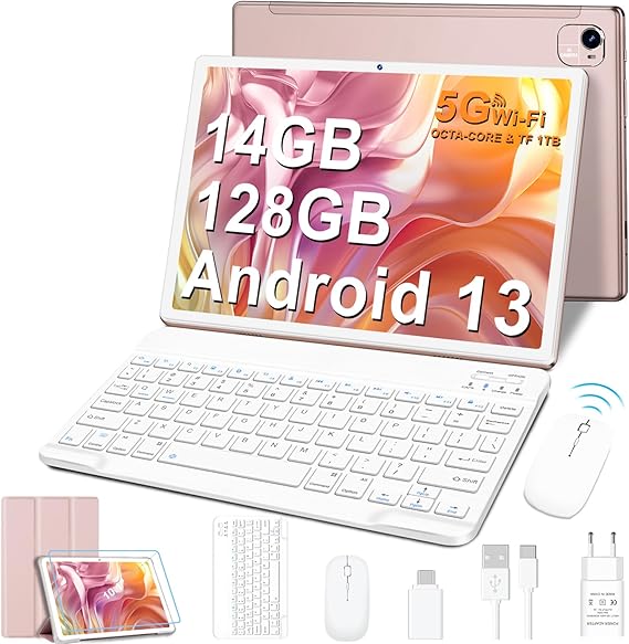 FACETEL Tablet 10 Pulgadas Android 13, 14GB RAM + 128GB ROM (TF 1TB), Octa-Core 2.0 GHz, 5G WiFi, 8000mAh, Bluetooth 5.0, AGPS, 5MP + 8MP, Widevine L1, Con Teclado y Ratón - Oro