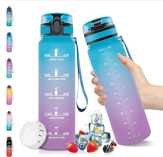 Vikaster Botella Agua 1 Litro, Botella de Agua Deportiva sin BPA, Motivadora con Filtro, Prueba de Fugas, para Gimnasio, Bicicleta, Al aire libre, Oficina