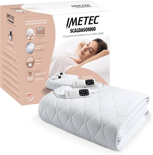 Imetec - Cubrecolchón Scaldasonno Adapto Maxi doble, 195 x 165 cm, calentamiento rápido, temperatura constante y personalizada, tejido hipoalergénico acolchado, mando doble con 6 temperaturas