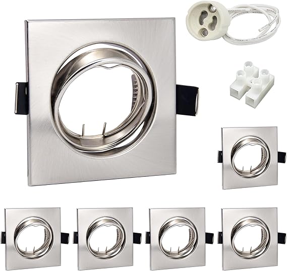 Wondlumi 6 LED Foco empotrable marco GU10 juego orientable acero inoxidable cepillado Foco empotrable 68mm angular 230V marco empotrable incl. casquillo para LED o halógeno