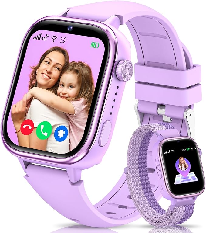 4G Reloj Inteligente Niños con GPS y Videollamada, Smartwatch Niños con Llamadas, Chat de Voz, SOS, Modo Escuela, IP68 Impermeable, Podómetro, Despertador, Cámara, Regalo Niñas y Niños de 4-15 Púrpura