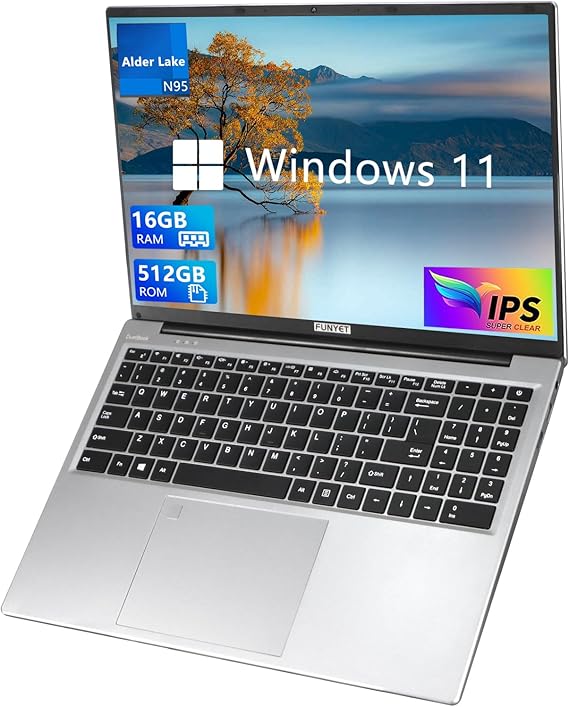 FUNYET Ordenador Portatil 16'', PC Portatil Windows 11 Pro, Computadora Portatil N95 CPU 1920 × 1080P IPS FHD Pantalla Laptop 16GB 512GB SSD USB Bluetooth Mini HDMI WiFi de Teclado Retroiluminado