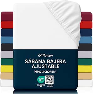 Flowen Sábana Bajera Ajustable 150x190 cm Blanco de Microfibra Cepillada para Colchón 30cm de Altura Tejido Suave Transpirable Hipoalergénico Antiácaros y Antibact. Lavable a Máquina
