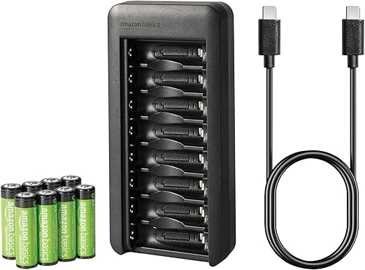 Amazon Basics Paquete de 8 baterías recargables NiMh AA de 2000 mAh con cargador de batería de 8 bahías, sin adaptador de CA, puerto USB C