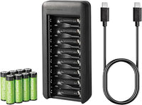 Amazon Basics Paquete de 8 baterías recargables NiMh AA de 2000 mAh con cargador de batería de 8 bahías, sin adaptador de CA, puerto USB C