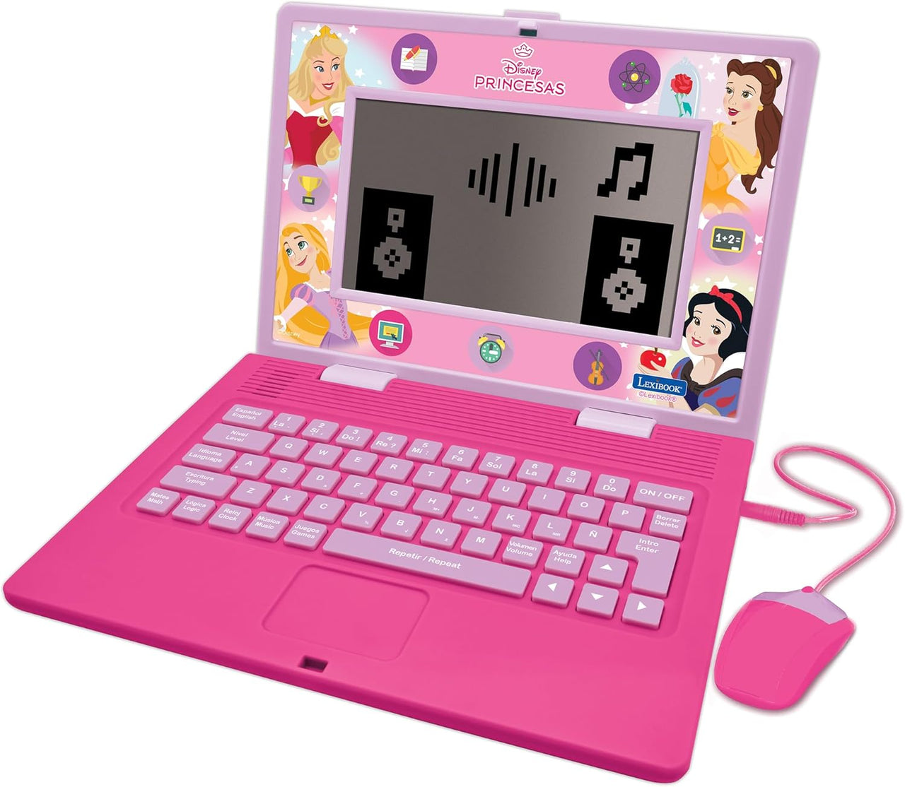 LEXIBOOK, Princessas Disney, Portátil Bilingüe y Educativo ESPAÑOL/INGLÉS, Juguete para Niños, 170 Actividades para Aprender, Jugar Juegos y Música, Pantalla Grande, Rosa, JC599DPi2