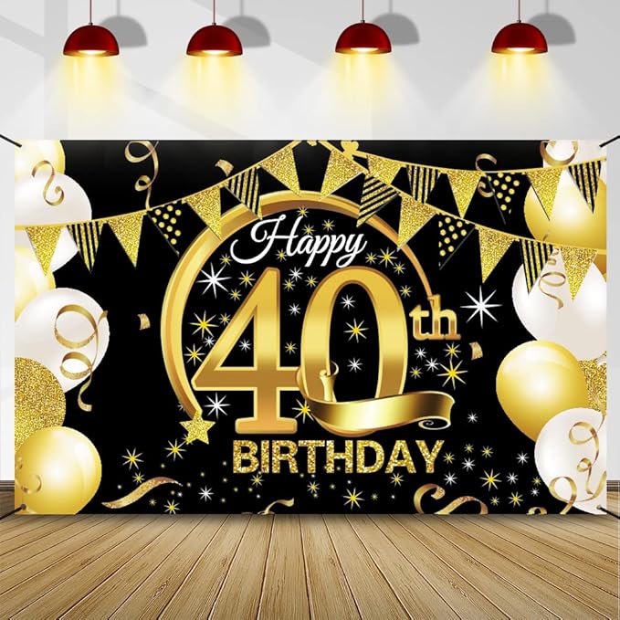 Decoracion 40 Cumpleaños Oro Negro, Pancarta 40 cumpleaños, Photocall 40 Cumpleaños Hombre Mujer, Extra Grande Fondo de Cartel Dorado Negro Materiales de Fiesta para 40 años Cumpleaños