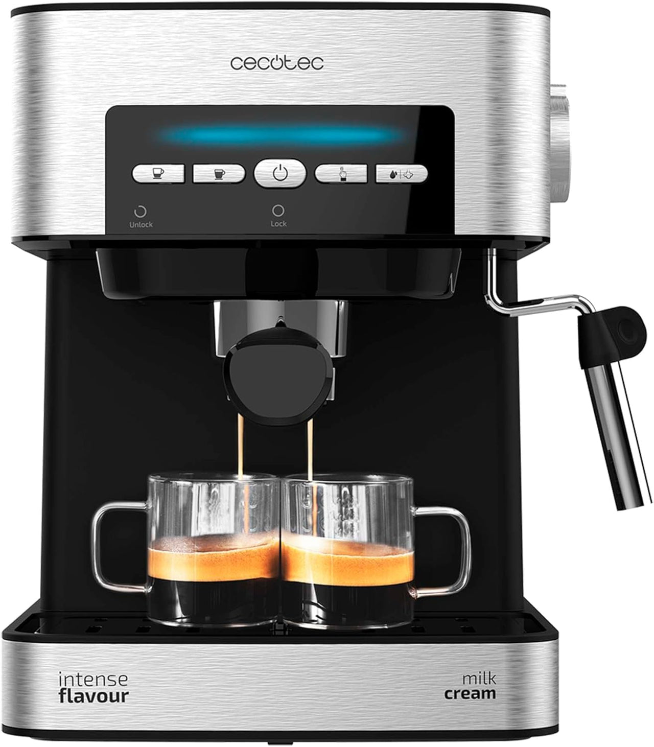 Cecotec Cafetera express Power Espresso 20 Matic. 850 W, 20 Bares, 1,5L, Brazo Doble Salida, Vaporizador, Superficie Calientatazas, Mandos Digitales, Acabados en Acero Inoxidable, Negro/Plata