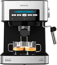 Cecotec Cafetera express Power Espresso 20 Matic. 850 W, 20 Bares, 1,5L, Brazo Doble Salida, Vaporizador, Superficie Calientatazas, Mandos Digitales, Acabados en Acero Inoxidable, Negro/Plata