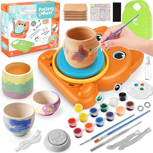 TAVADA Set De Cerámica para Niños,Set de Cerámica Para El Hogar,Mini Torno de Alfarero Eléctrico con Arcilla,Colores,Set de Manualidades Creativas en Cerámicas para Niños a Partir de 6 Años - Naranja