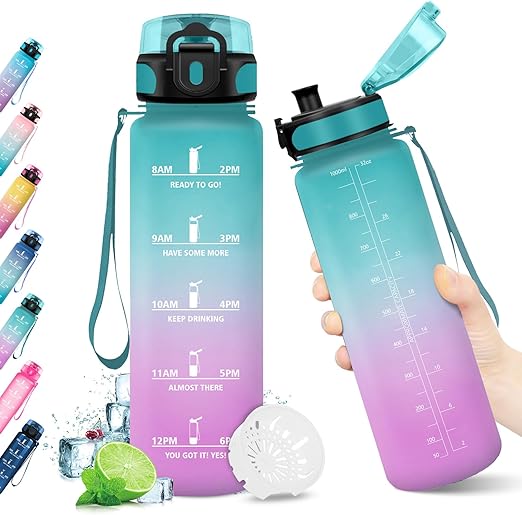 KollyKolla Botella Agua Deporte 500ml/1L/1.5L, Botella de Agua Prueba de Fugas, con Marcador de Tiempo de Motivación, Cantimplora para Niños, Adulto, Gimnasio, Bicicleta, Escuela, Oficina, Gym