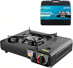 Axig Camping Gas Portatil para Cocina Exterior - Hornillo de Acero Inoxidable 1 Fogon para Cartucho o Bombona de Gas Butano con Potencia de 2200W y Maletín de Transporte para Acampada, Senderismo…