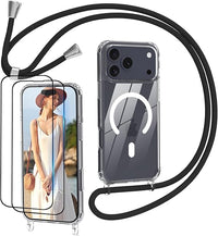 Nupcknn Funda para iPhone 17 Pro MAX MagSafe con Correa,2 Protectores de Pantalla,Colgante magnético Transparente, Correa extraíble y Ajustable,protección antigolpes.