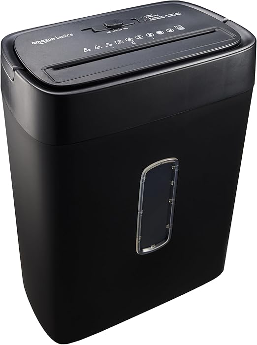 Amazon Basics Trituradora de corte cruzado con capacidad para 12 hojas (nuevlo modelo), para papel y tarjetas de crédito, Color Negro