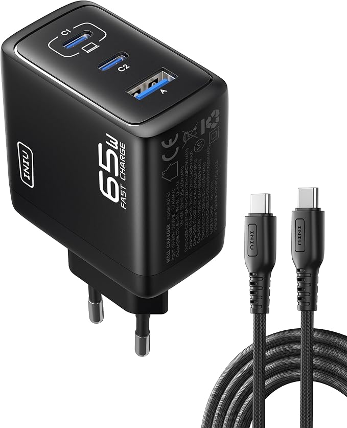 INIU Cargador USB C, 65W 3-Puertos Laptop Cargador Rápido con 1.5m Cable