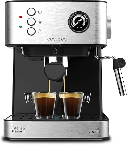 Cecotec Cafetera Express Power Espresso 20 Professionale. 850 W, 20 Bares, Manómetro, Depósito de 1,6L, Brazo Doble Salida, Vaporizador, Superficie Calientatazas, Acabados en Acero Inoxidable