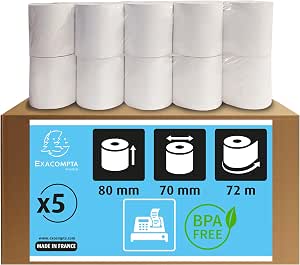 Exacompta - Réf. 43706E - Lot de 5 bobines pour tickets de caisse - largeur 80 mm x diamètre 70 mm - mandrin 12 mm - 1 pli thermique 48g/m² sans BpA - Métrage (+ ou - 2m) : 72 m - Blanc