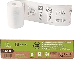 Exacompta SumUp - Ref. 40762E - Caja de 20 bobinas térmicas para tarjetas bancarias 57x30mm, 1 capa térmica 55g/m² Sin fenol, sin núcleo de cartón, cero residuos plásticos - Metraje +/-2m : 9m, blanco