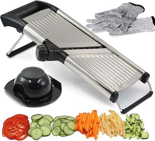 Rebanadora de Mandolina ajustable. Lo mejor para cortar alimentos, frutas y verduras. Rebanadora de Grado profesional para corte juliana. Con guantes a prueba de corte