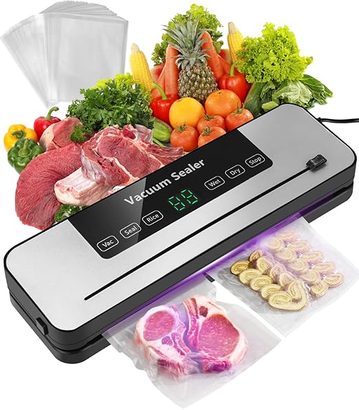Cexovo 5 en 1 Envasadora al Vacío Maquina Vacio Alimentos Sellador al Vacio de Alimentos con Cuchillo de Corte,Incluyendo 40 Bolsas,Modos de Alimentos Seco y Húmedos,para La Conservación de Alimentos