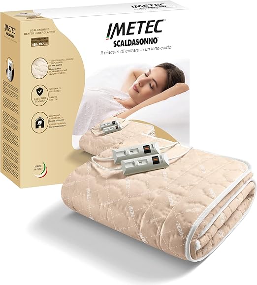 Imetec Calientacamas Matrimonial, 150 x 137 cm, 2 Mandos con 2 Niveles de Temperaturas, Tejido Acolchado, Lavable a Mano y en Lavadora a 30°, Sistema de Protección