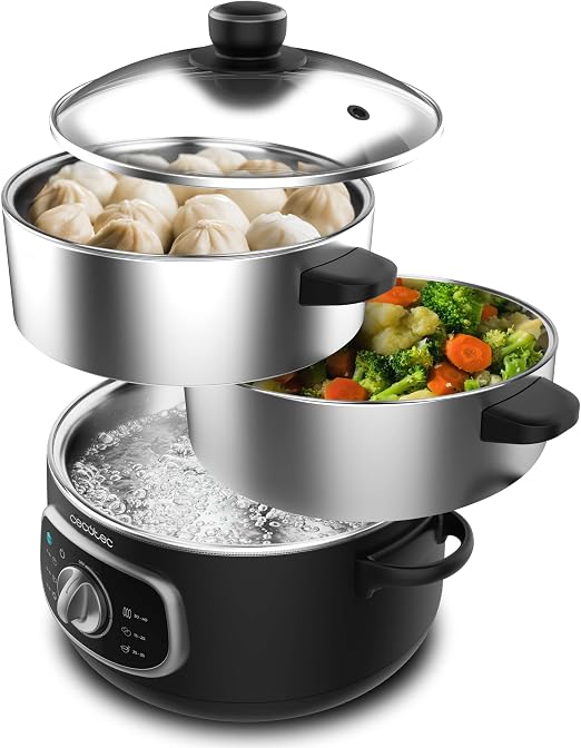 Cecotec Vaporera Eléctrica Vapovita 10L Steelpot. 1300W, Recipientes Inoxidables: 1 Depósito + 2 Vaporeras, Tiempo Ajustable, Apagado Automático, Fácil Limpieza, Tapa Especial, Cocina Saludable