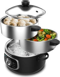 Cecotec Vaporera Eléctrica Vapovita 10L Steelpot. 1300W, Recipientes Inoxidables: 1 Depósito + 2 Vaporeras, Tiempo Ajustable, Apagado Automático, Fácil Limpieza, Tapa Especial, Cocina Saludable