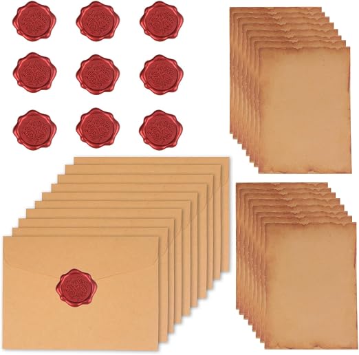 Papel de Carta Vintage - Kit con 16 Hojas de Papier Vintage, 10 Enveloppe Kraft y 10 Sellos de Cera - Para Invitaciones de Bodas, Tarjetas de Cumpleaños y Felicitaciones