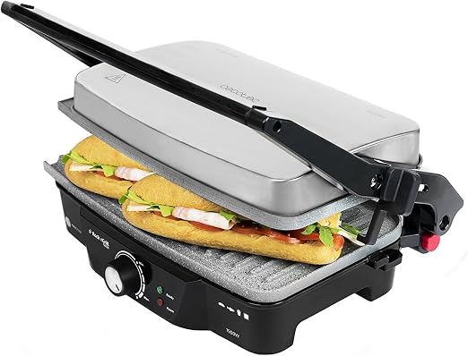 Cecotec Parrilla Eléctrica Rock'n Grill 1500. Revestimiento de Piedra Rockstone, 1500 W, Regulador de Temperatura, Apertura 180º, Superficie 28.7 x 17 cm, Acero Inoxidable y Plástico