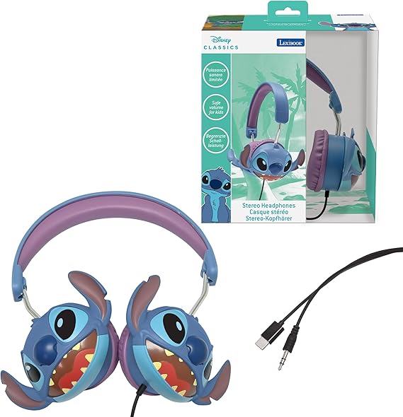 Lexibook, Disney Stitch, Auriculares estéreo con Cable Stitch 3D, Plegables, Potencia de Sonido Limitada, HP015D