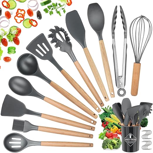 Utensilios Cocina de Silicona, hicoosee 22 Piezas Juego Utensilios de Cocina de Silicona con Mango de Madera para Utensilios, Sin BPA Resistentes al Calor y Antiadherentes con 10 S Ganchos, Gris 01