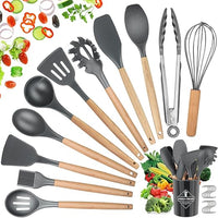 Utensilios Cocina de Silicona, hicoosee 22 Piezas Juego Utensilios de Cocina de Silicona con Mango de Madera para Utensilios, Sin BPA Resistentes al Calor y Antiadherentes con 10 S Ganchos, Gris 01
