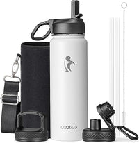 Coolflask Botella de agua de 680.4 g aislada con popote, metal de acero inoxidable, 3 tapas, botella de agua de boca ancha para deportes u oficina, sin BPA, mantiene el frío hasta 48 horas o caliente
