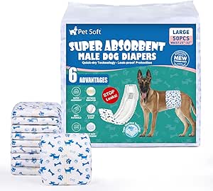 Pet Soft Pañales Desechables para Perros, 50 Unidades, para Perros Macho, Altamente absorbentes, con indicador de Humedad y a Prueba de Fugas (L-50 Unidades)