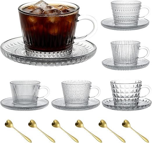 Juego de 6 tazas de cristal con platillo y cuchara, juego de tazas de café, juego de tazas de vidrio transparente, tazas de café espresso para café con leche, moca, capuchino y té
