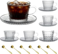 Juego de 6 tazas de cristal con platillo y cuchara, juego de tazas de café, juego de tazas de vidrio transparente, tazas de café espresso para café con leche, moca, capuchino y té